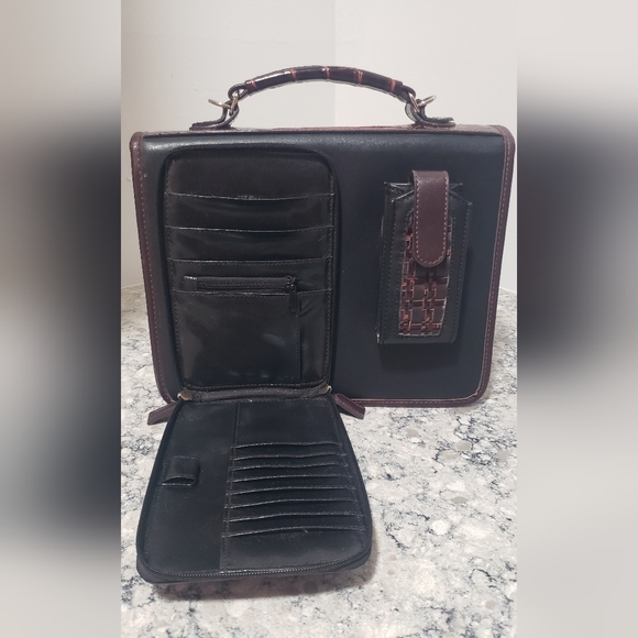 Western Croc Embossed Weaved Turnlock Briefcase Organizer Crossbody Purse - Picture 14 of 15